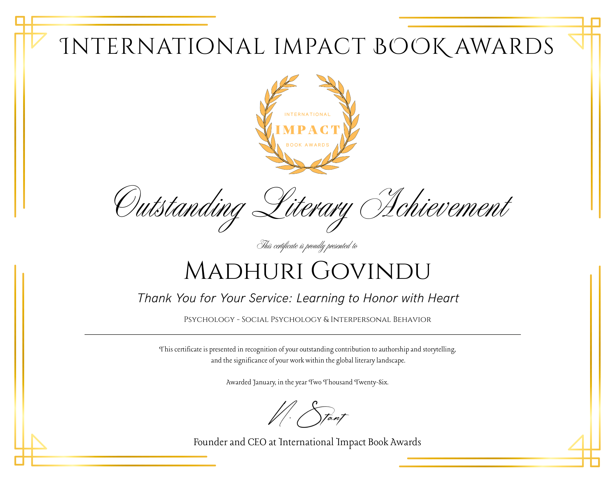 Certificate of Outstanding Literary Achievement awarded to Madhuri Govindu for Thank You for Your Service