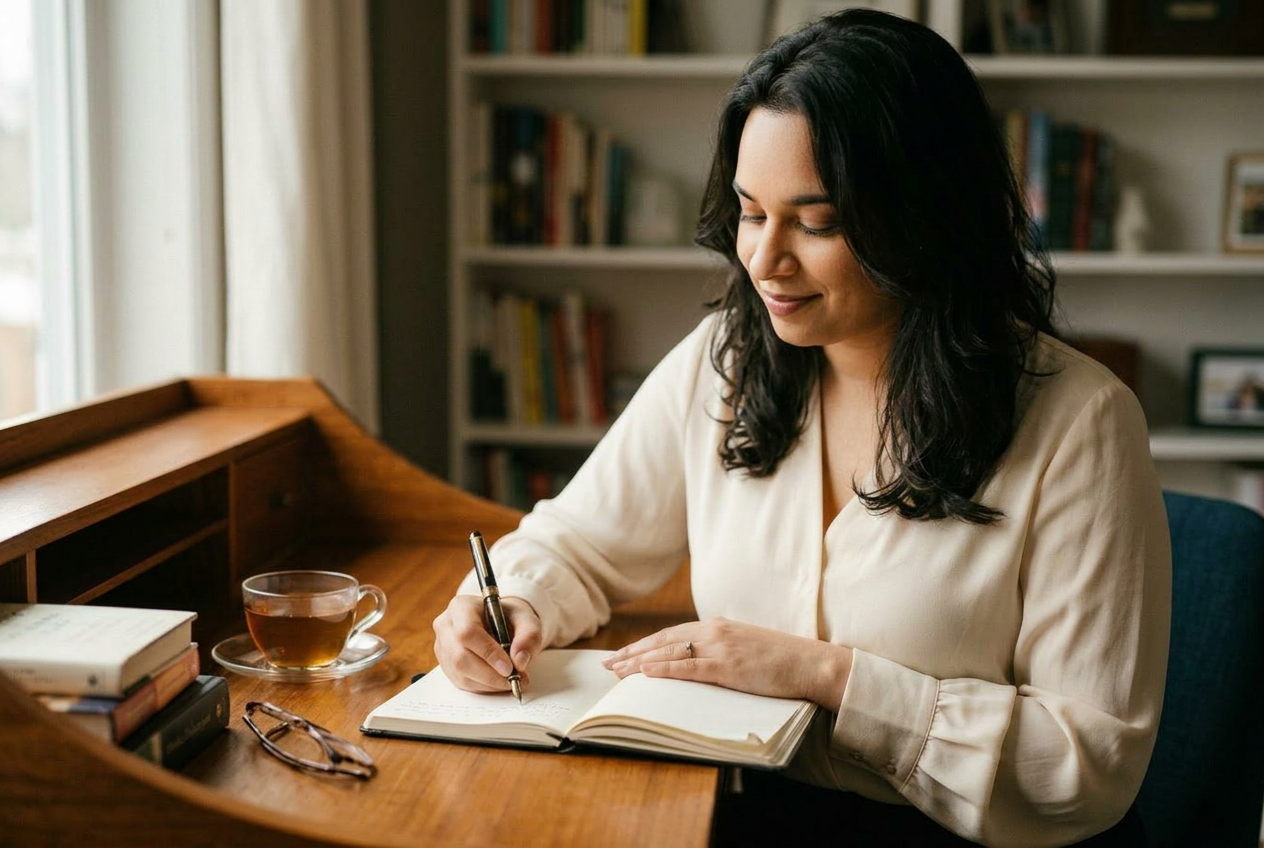 Madhuri Govindu writing in her notebook at a wooden desk